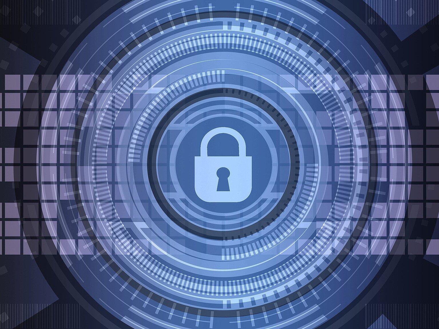 Ein von zahlreichen umkreisten Kreisen umgebenes Vorhängeschloss symbolisiert Cybersecurity