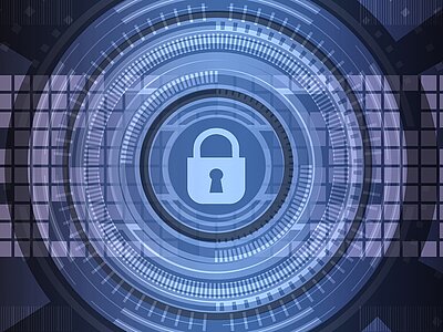 Ein von zahlreichen umkreisten Kreisen umgebenes Vorhängeschloss symbolisiert Cybersecurity
