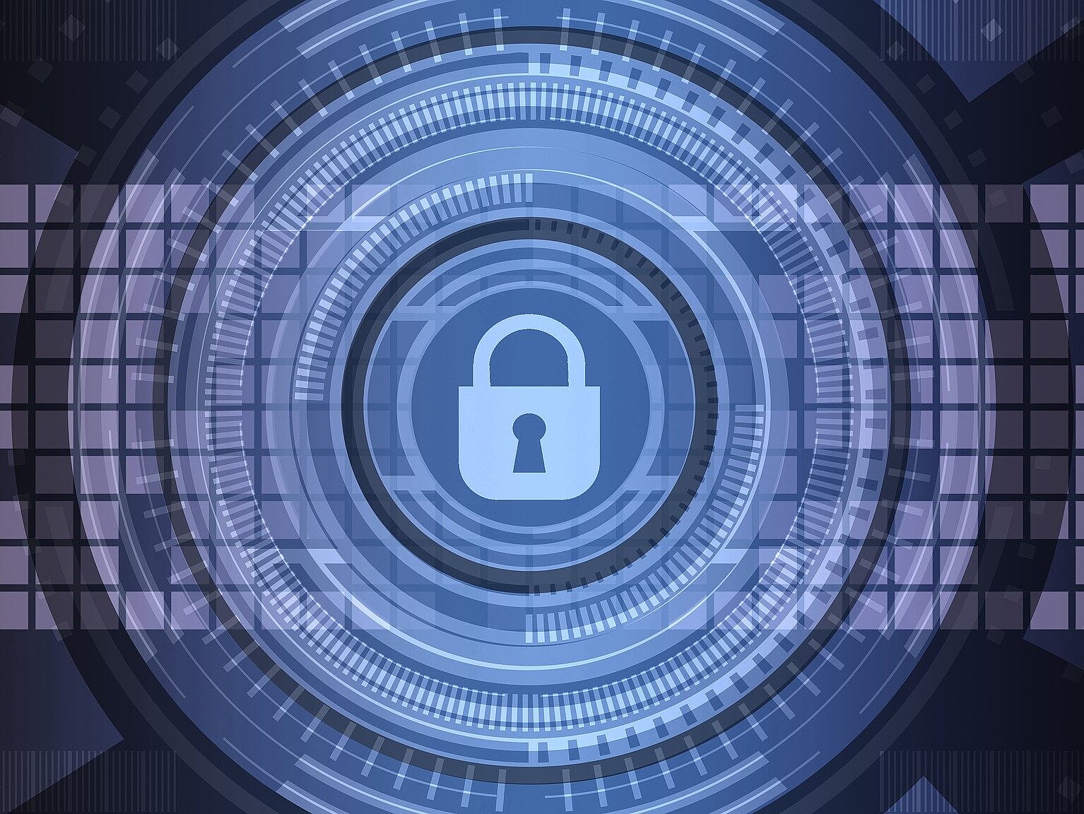 Ein von zahlreichen umkreisten Kreisen umgebenes Vorhängeschloss symbolisiert Cybersecurity