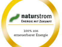 Goldener, kreisförmig umrandeter Siegel auf dem Naturstrom Energie mit Zukunft steht