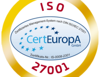 ISO 27001-Zertifikatszeichen, goldfarben und kreisförmig umrandet
