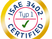 Eine goldene Plakette mit der Aufschrift "ISAE 3402 Certified"