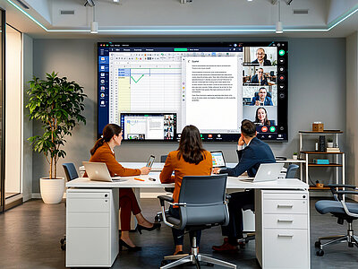 Bürosituation mit 3 Personen, die gemeinsam ein einem Tisch sitzen und auf einen Monitor an der Wand blicken, af dem mehrere zugeschaltete personen und eine Seite eine Dokumentes zu sehen sind.