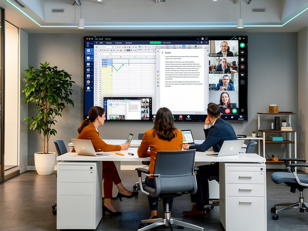 Bürosituation mit 3 Personen, die gemeinsam ein einem Tisch sitzen und auf einen Monitor an der Wand blicken, af dem mehrere zugeschaltete personen und eine Seite eine Dokumentes zu sehen sind.